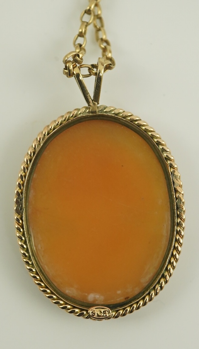 A 9ct gold mounted oval cameo shell pendant, on a 9k gold chain